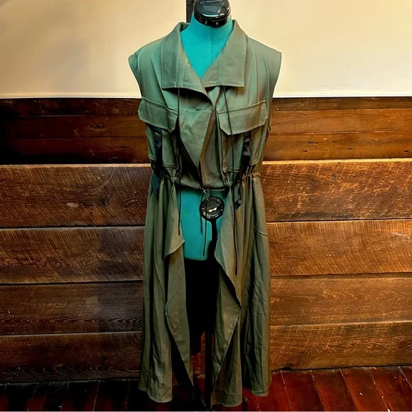 Kate Hewko Long Layering Cargo Vest Trenchcoat - Lightweight w/ Drawstring Waist - Picture 7 of 16